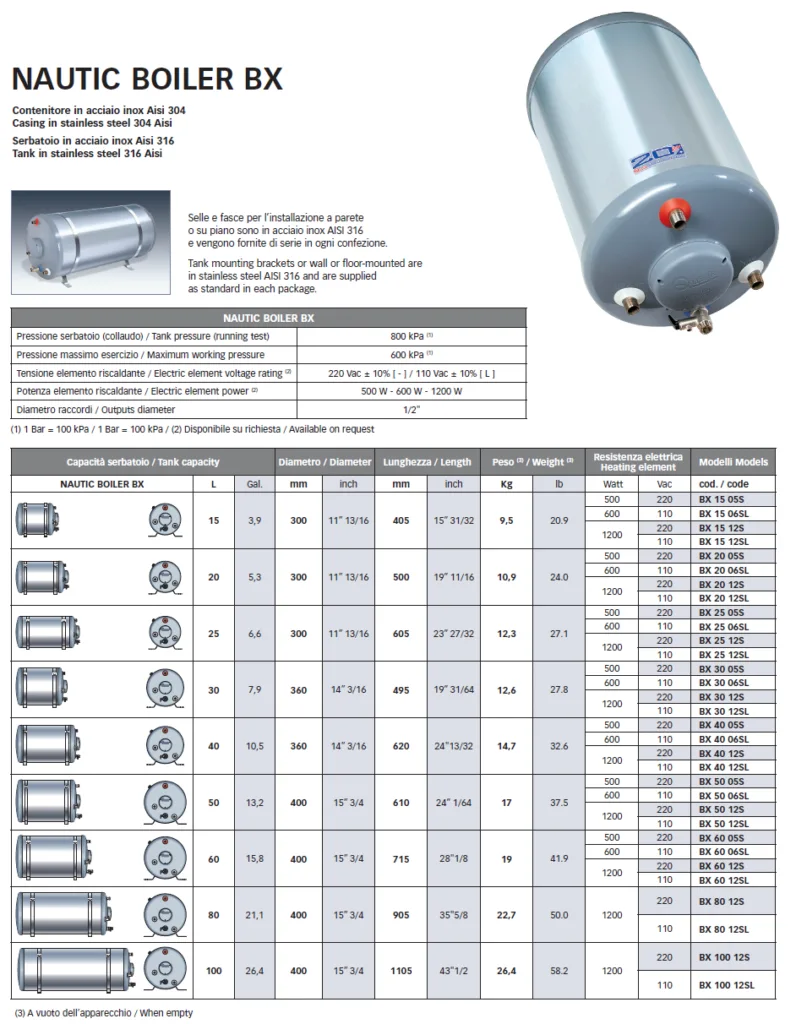 Quick BX Nautic Boiler - Calorifier Sheet